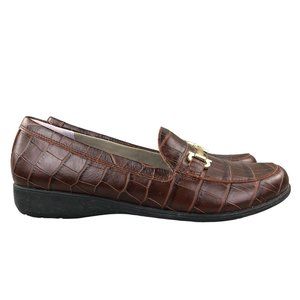 Aravon Women's Size 8.5 Abbey Brown Croco Leather Slip On Metallic Bit Loafers